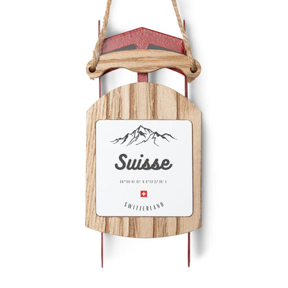 Suisse Switzerland sled ornament with mountain design and Swiss cross for Christmas tree décor