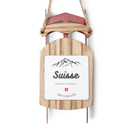 Suisse Switzerland sled ornament with mountain design and Swiss cross for Christmas tree décor