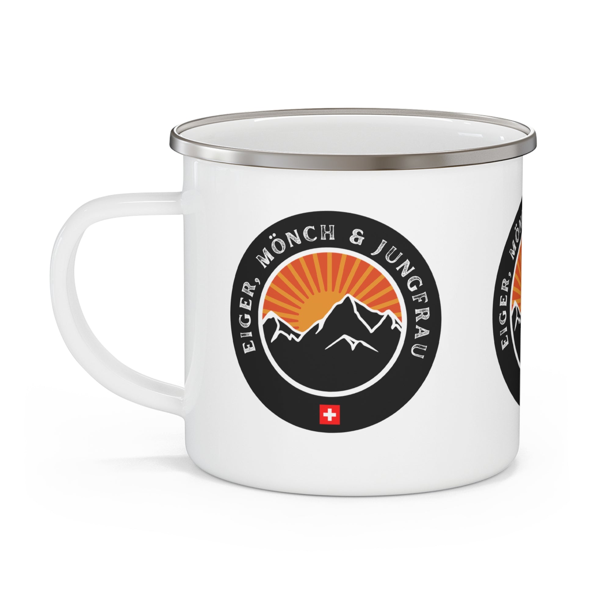 Swiss Alps coffee mug showing iconic three mountain peaks at sunrise with Switzerland flag