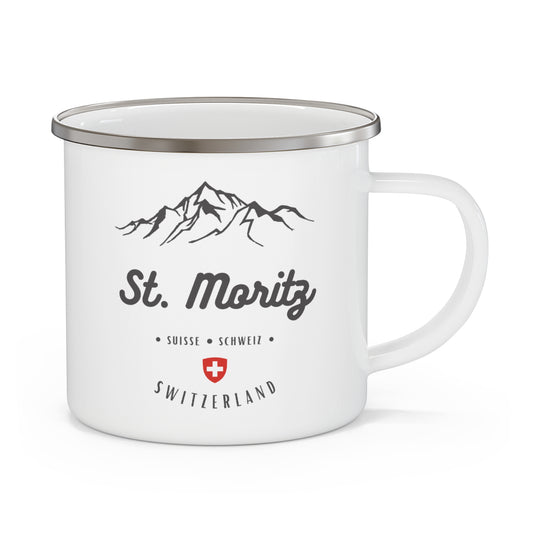 St. Moritz enamel camping mug with vintage mountain design, perfect for outdoor adventures and coffee lovers