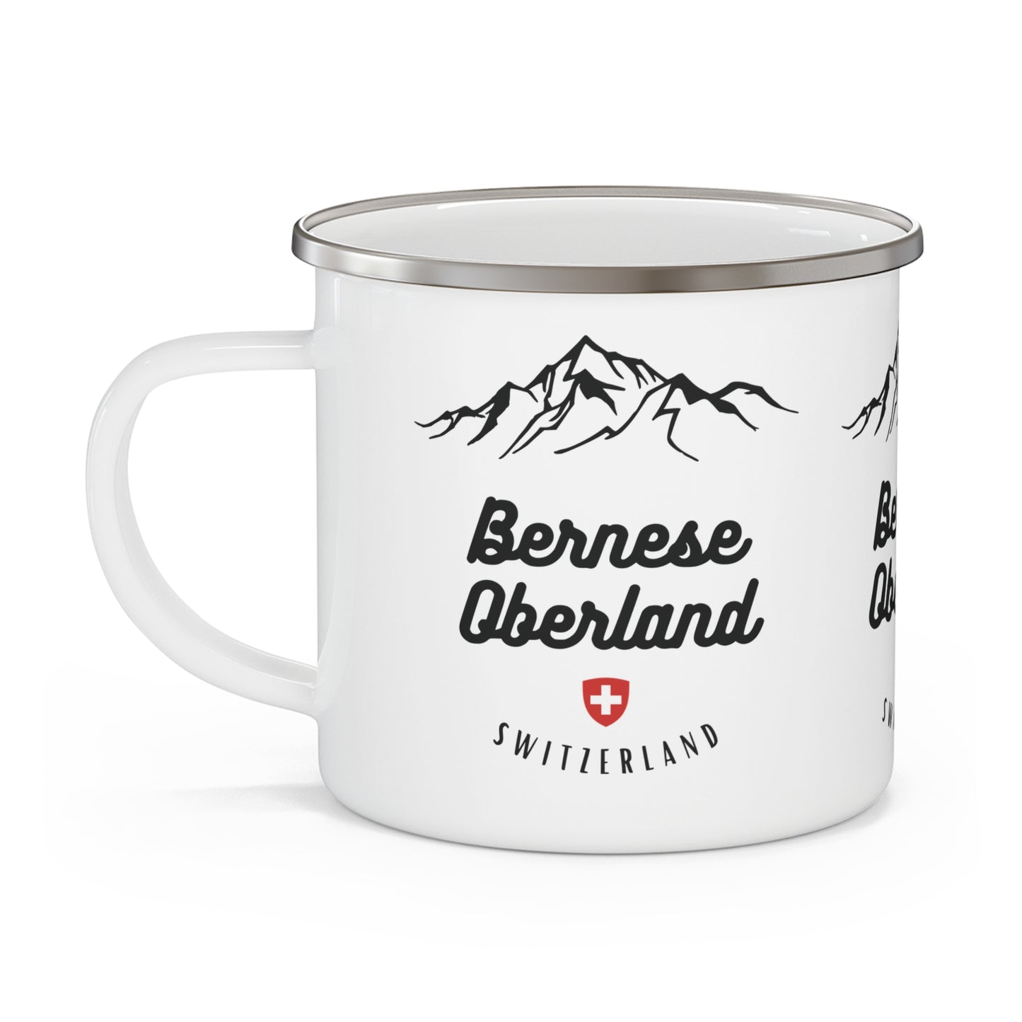 12oz stainless steel enamel mug with Swiss Alps Berner Oberland design for hiking and camping