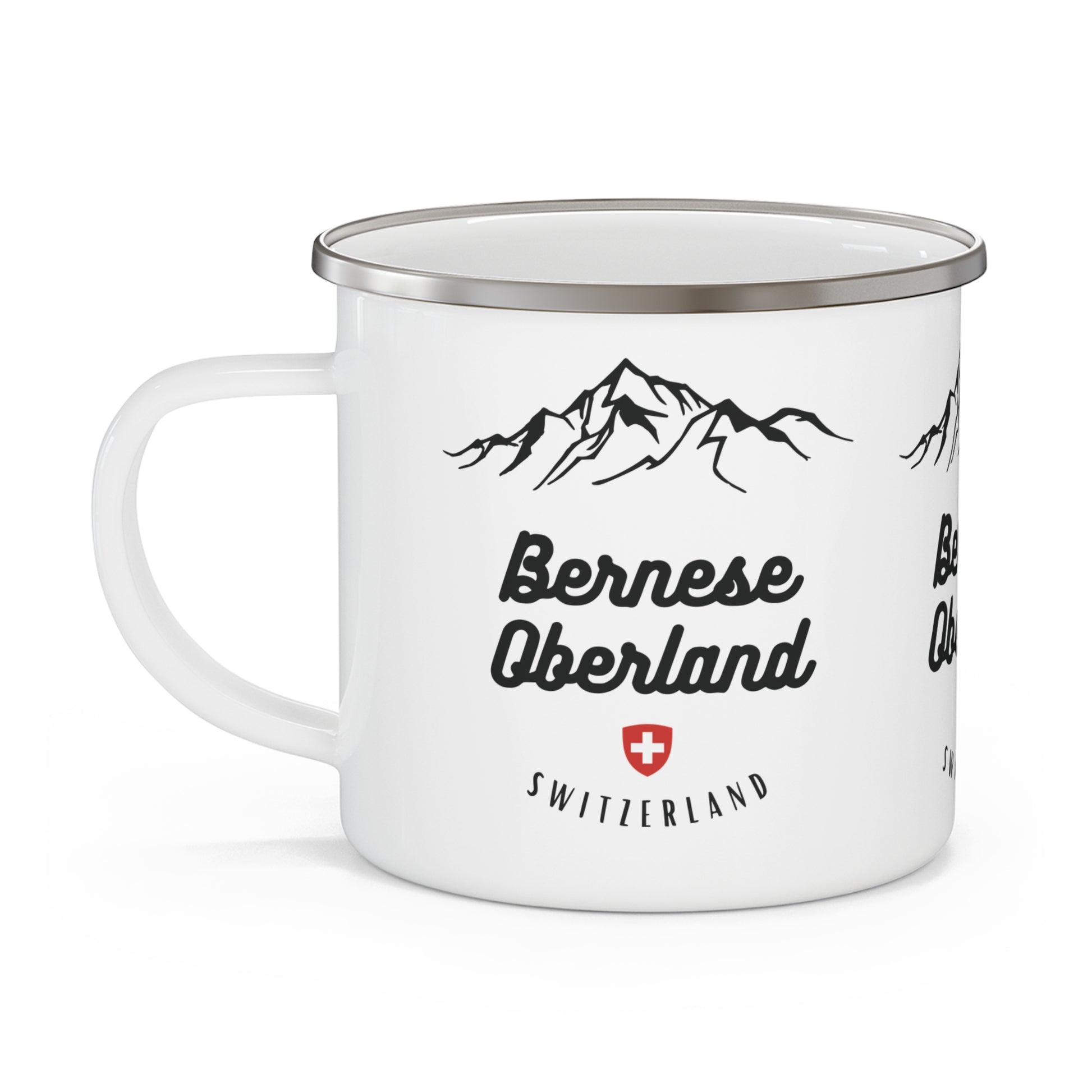 12oz stainless steel enamel mug with Swiss Alps Berner Oberland design for hiking and camping