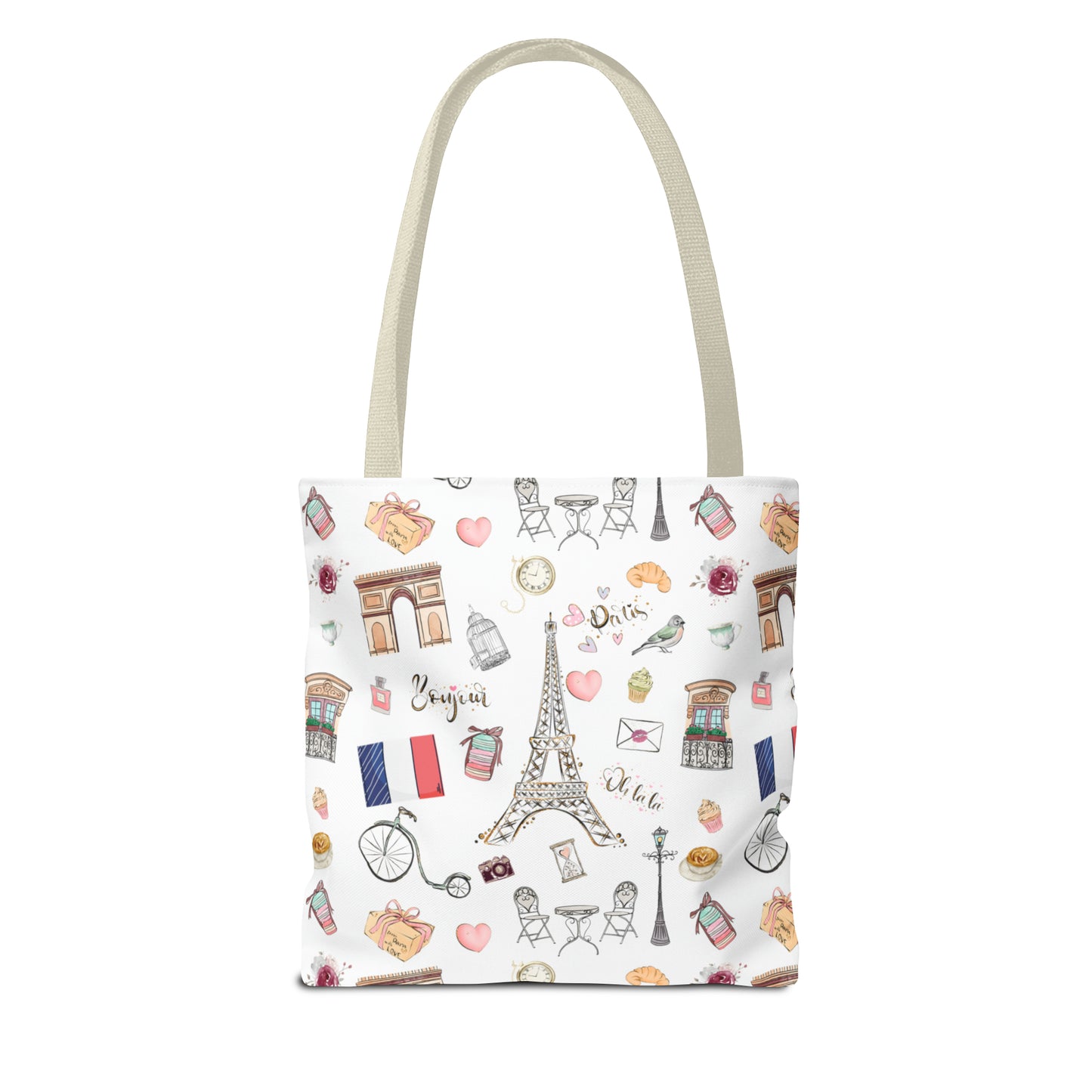 France Travel Adventures  | Chic Parisian Tote Bag: Eiffel Tower, Bistros, Macaroons & More! Perfect for Stylish Travelers! AOP