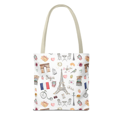 France Travel Adventures  | Chic Parisian Tote Bag: Eiffel Tower, Bistros, Macaroons & More! Perfect for Stylish Travelers! AOP