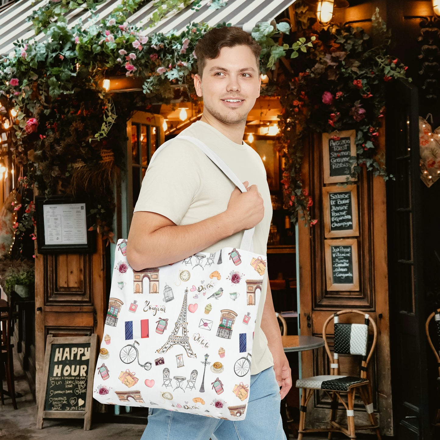 France Travel Adventures  | Chic Parisian Tote Bag: Eiffel Tower, Bistros, Macaroons & More! Perfect for Stylish Travelers! AOP