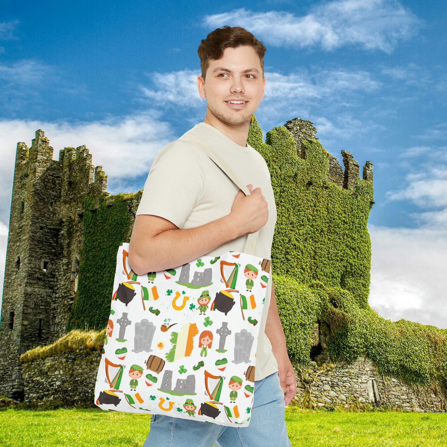 Lucky Charms of Ireland Tote Bag: Celtic Cross, Flag Heart, Clover & More! Embrace Irish Heritage with Style! AOP