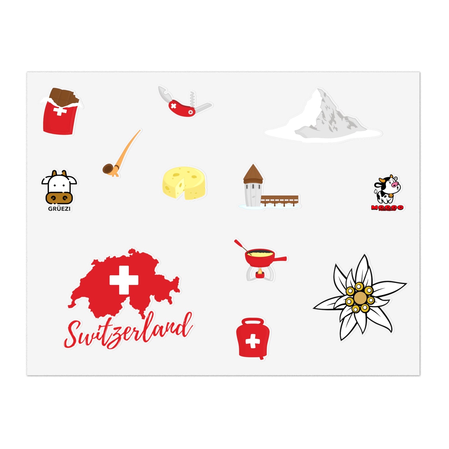 Swiss travel stickers showing Lucerne Chapel Bridge, Swiss cheese, alphorn, and Swiss cow designs
