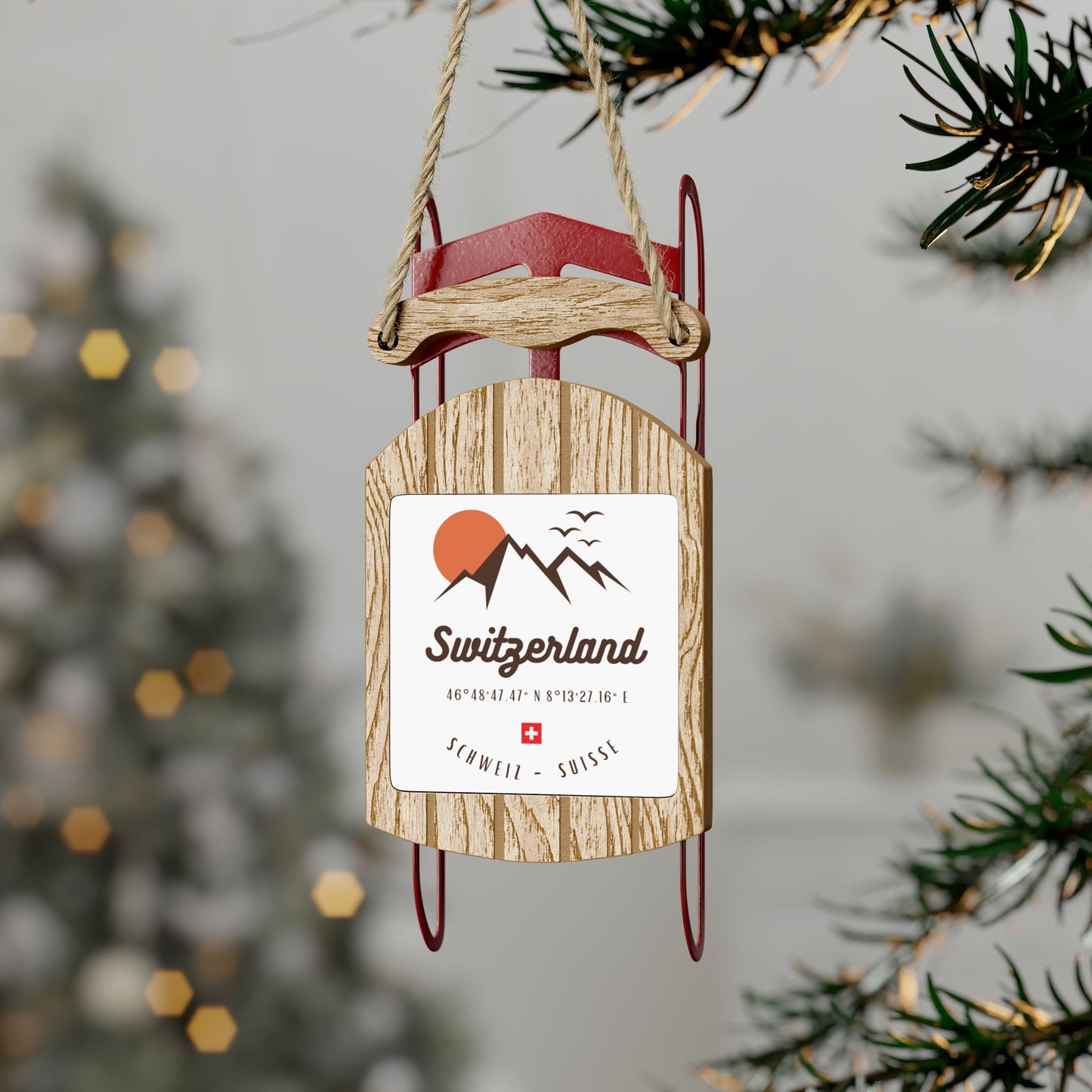 Switzerland Wooden Sled Ornament 🎿⛰ | Swiss Alps Christmas Tree Decoration Souvenir