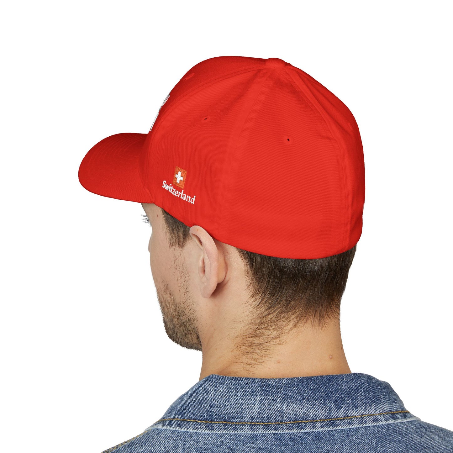 Switzerland Great Since 1291 Red baseball cap, back-side view showing Swiss flag embroidery with Switzerland text on left panel