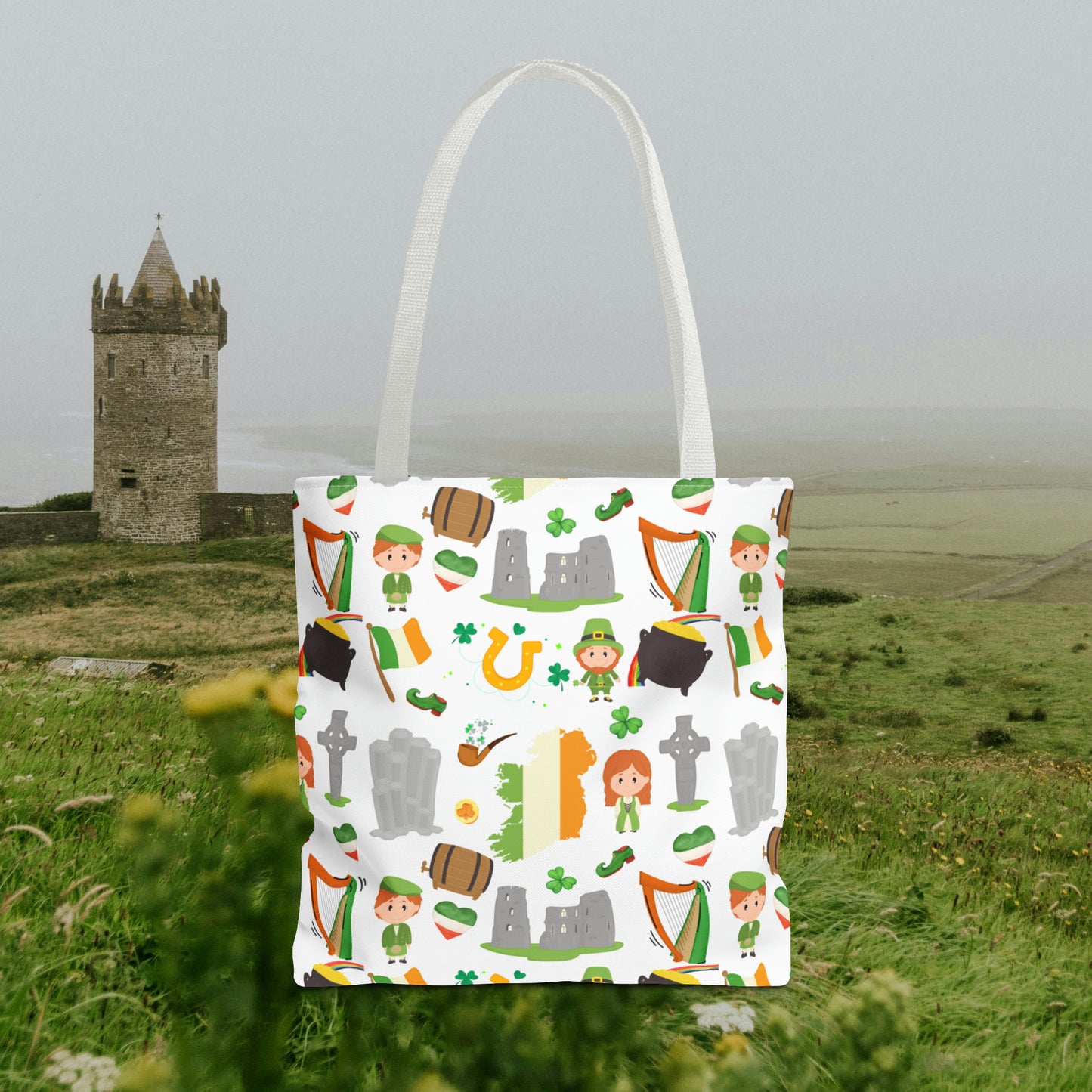 Lucky Charms of Ireland Tote Bag: Celtic Cross, Flag Heart, Clover & More! Embrace Irish Heritage with Style! AOP