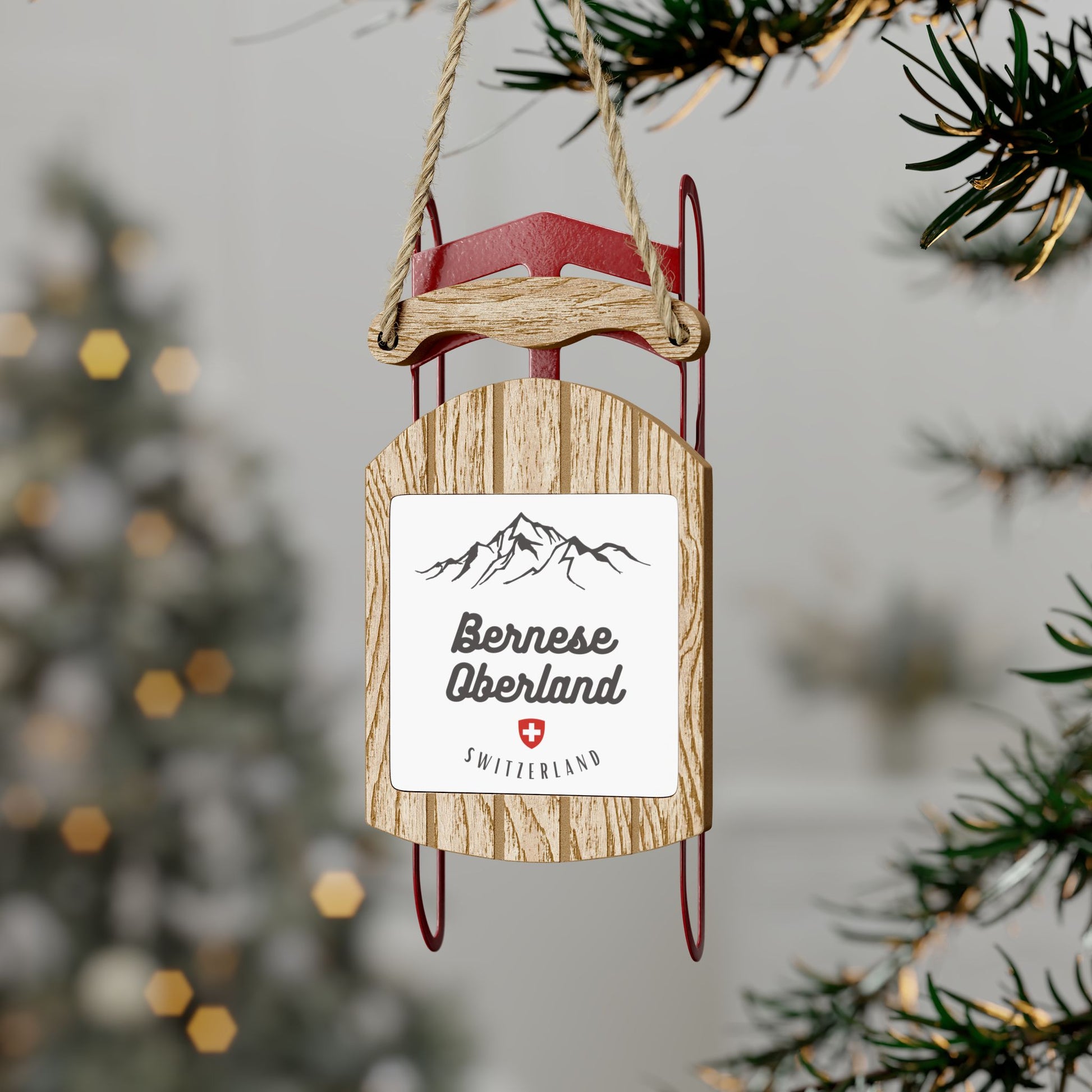 Swiss Alps Christmas ornament rustic wooden sled decoration from Switzerland