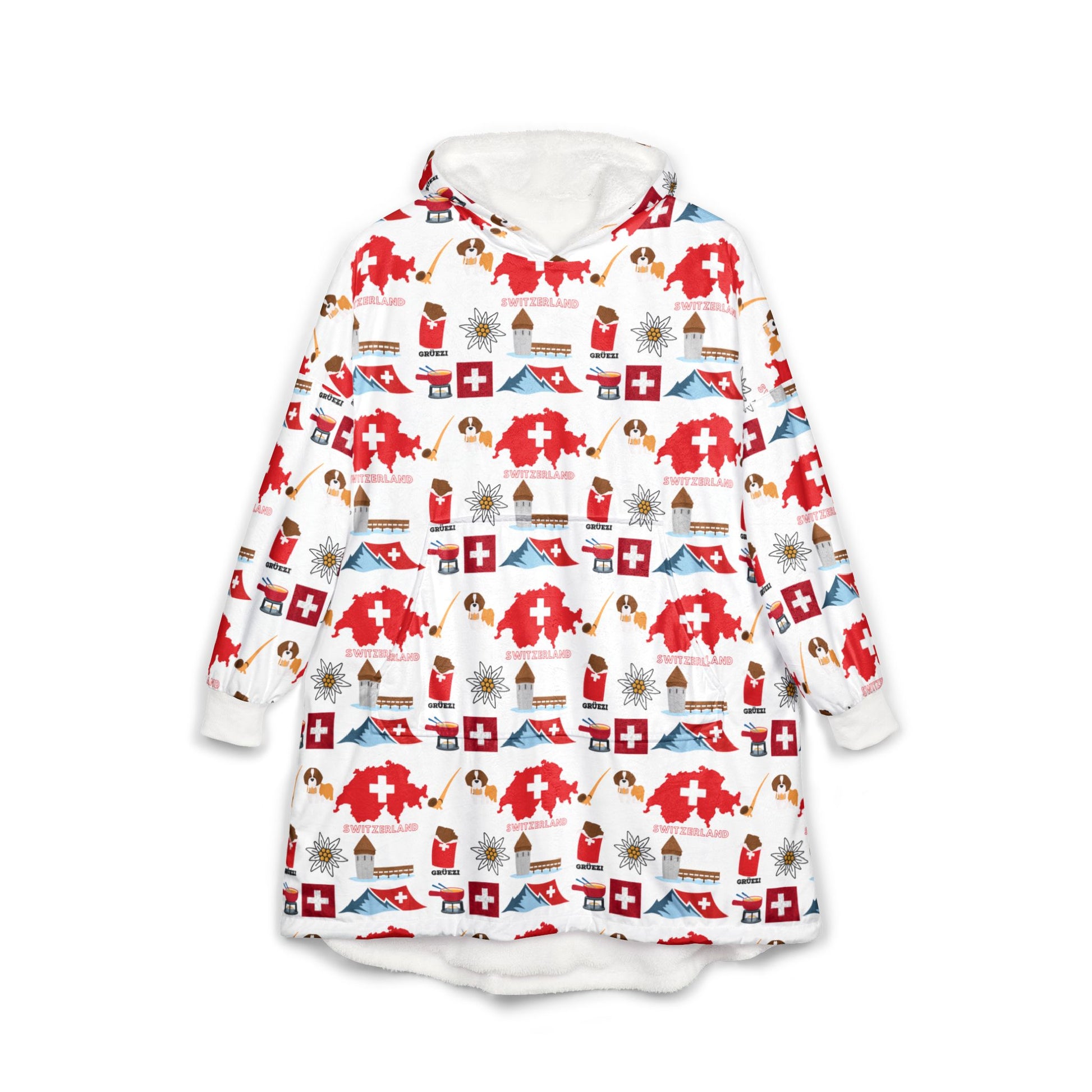 Swiss Winter Hooded Blanket in white – alpine ski lodge and Swiss flag pattern, soft fleece throw