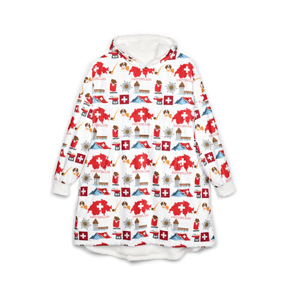 Swiss Winter Hooded Blanket in white – alpine ski lodge and Swiss flag pattern, soft fleece throw