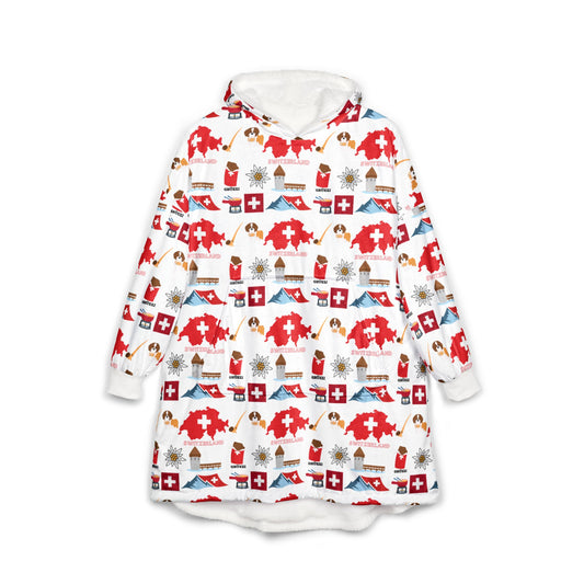 Swiss Winter Hooded Blanket in white – alpine ski lodge and Swiss flag pattern, soft fleece throw