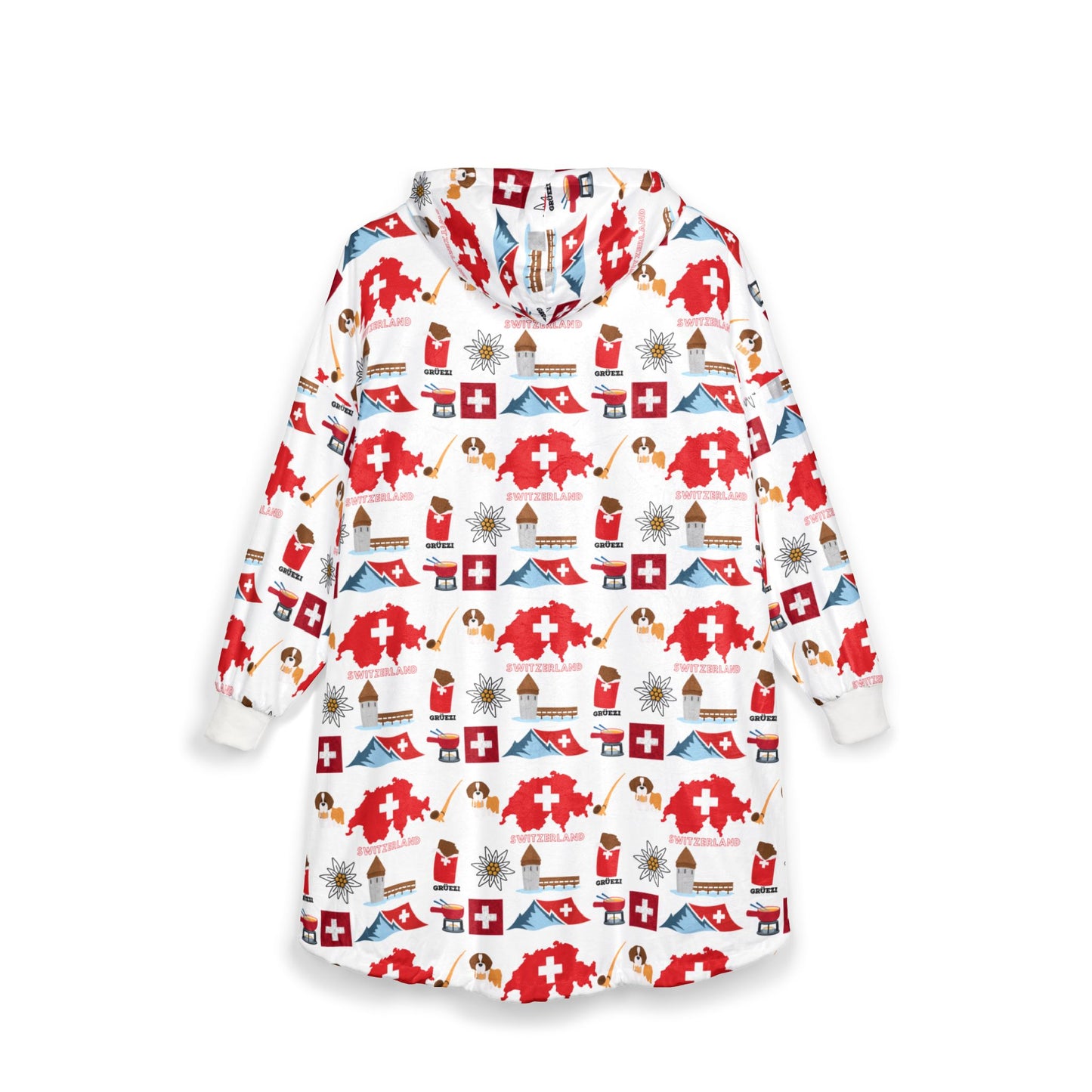 White hooded blanket with Swiss flag motifs and ski lodge design – cozy alpine fleece wrap