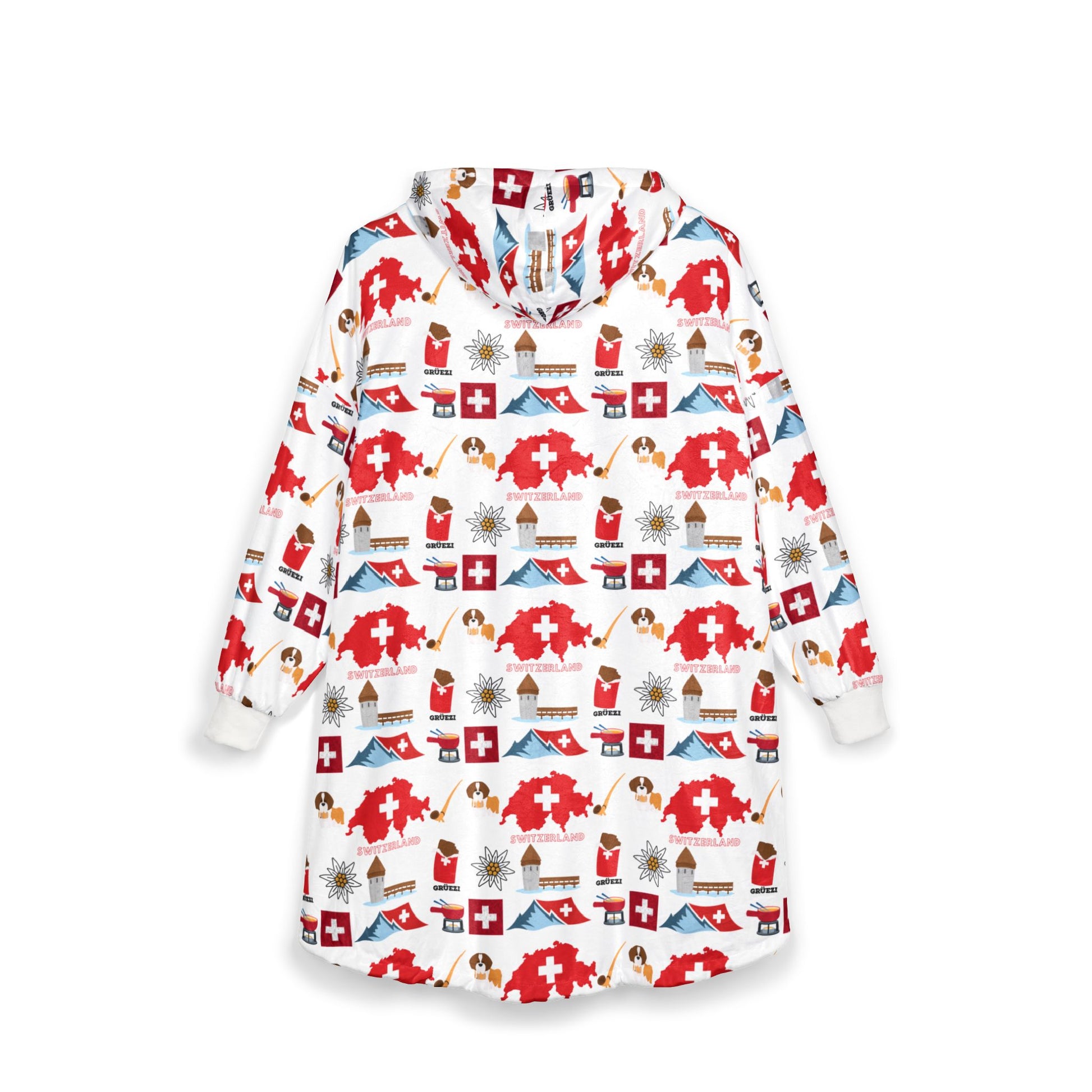 White hooded blanket with Swiss flag motifs and ski lodge design – cozy alpine fleece wrap
