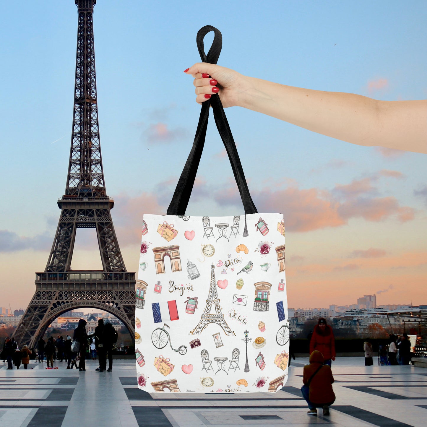France Travel Adventures  | Chic Parisian Tote Bag: Eiffel Tower, Bistros, Macaroons & More! Perfect for Stylish Travelers! AOP