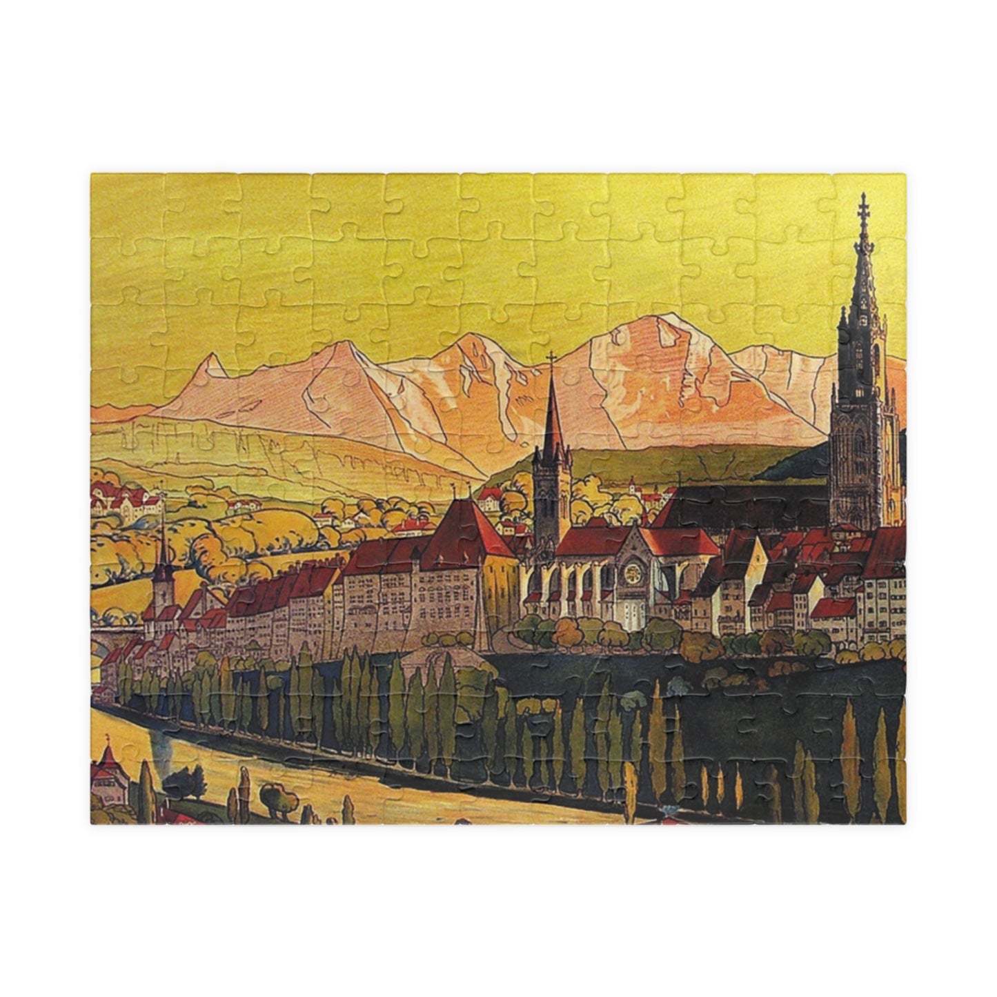 Jigsaw puzzle with a scenic design of Bern, Switzerland and Swiss mountains alps.