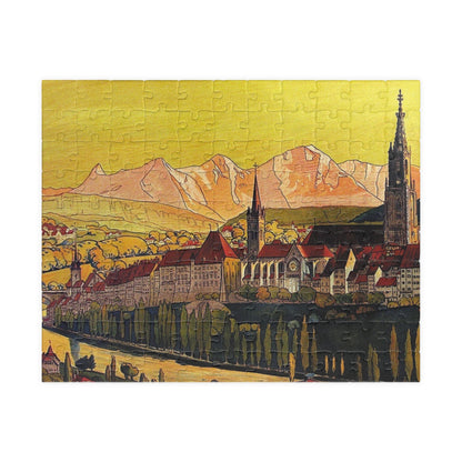 Jigsaw puzzle with a scenic design of Bern, Switzerland and Swiss mountains alps.