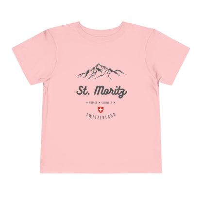 Cute Swiss Alps toddler t-shirt with a St. Moritz design, perfect for little travelers.

