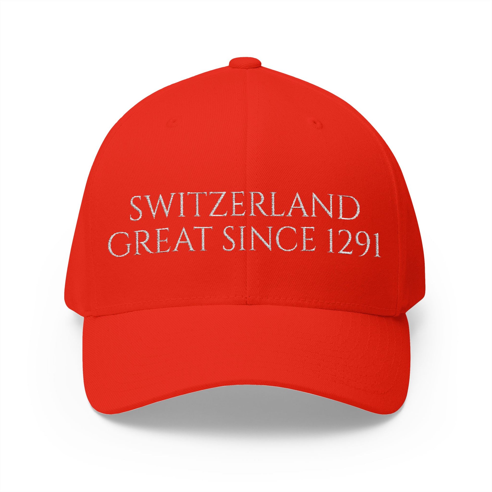 Red Switzerland Great Since 1291 embroidered baseball cap, front view showing white embroidered text on structured red cap