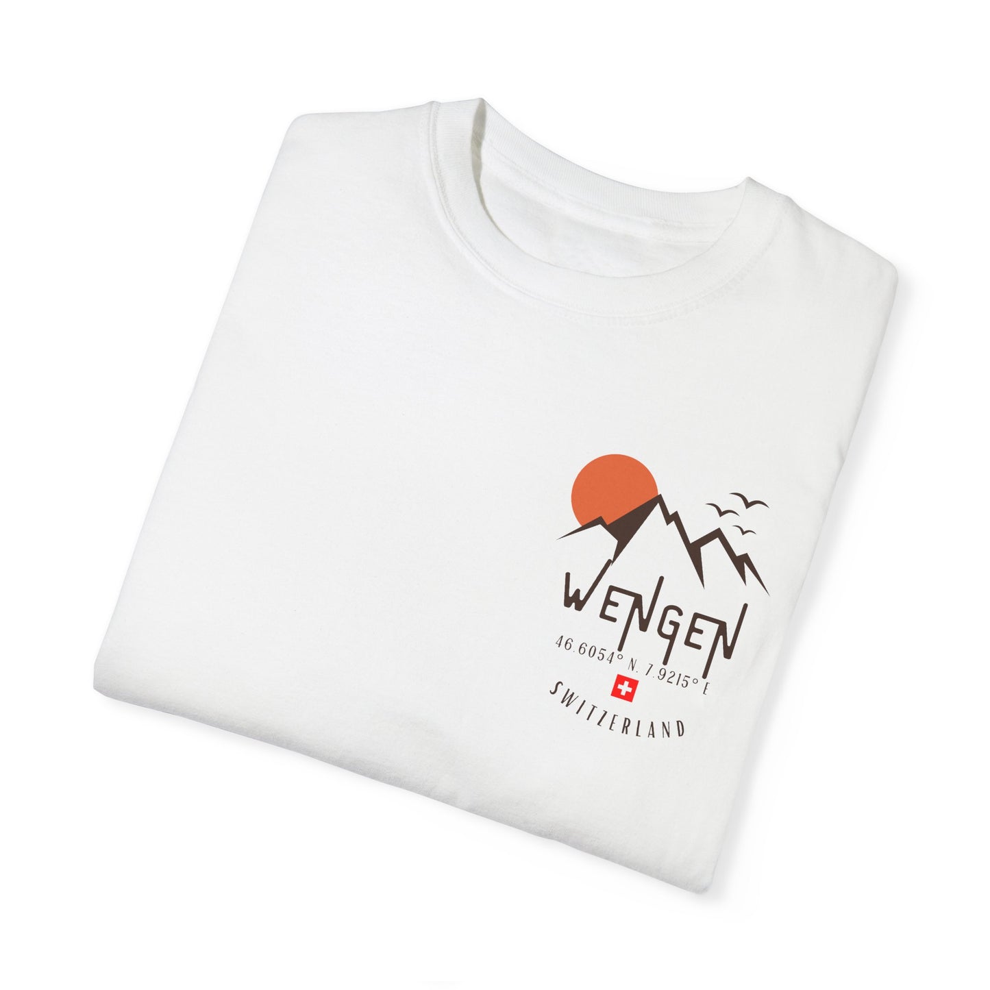 Stylish Swiss travel t-shirt with Swiss flag and coordinate details
