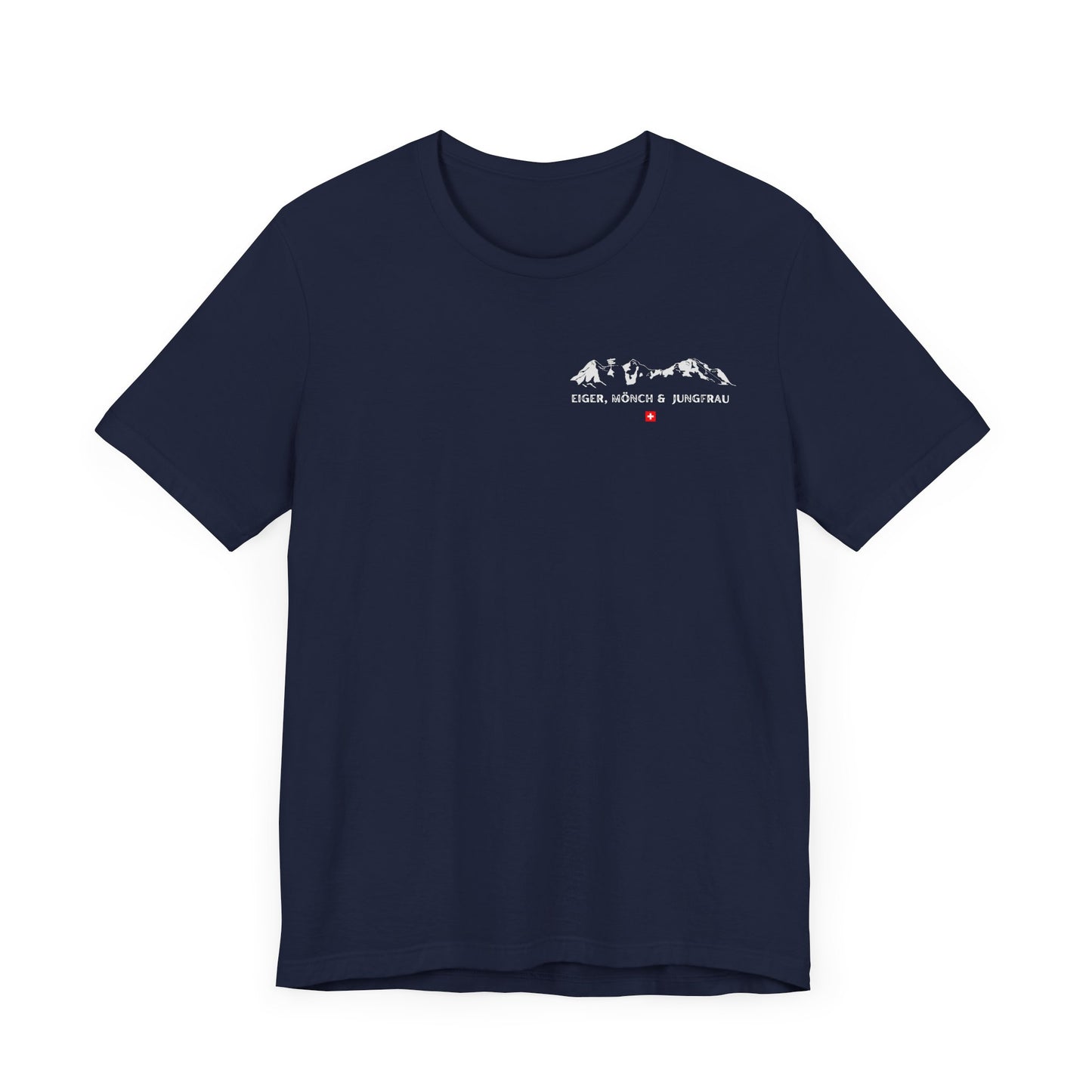 Unisex Swiss souvenir t-shirt with front and back mountain print.