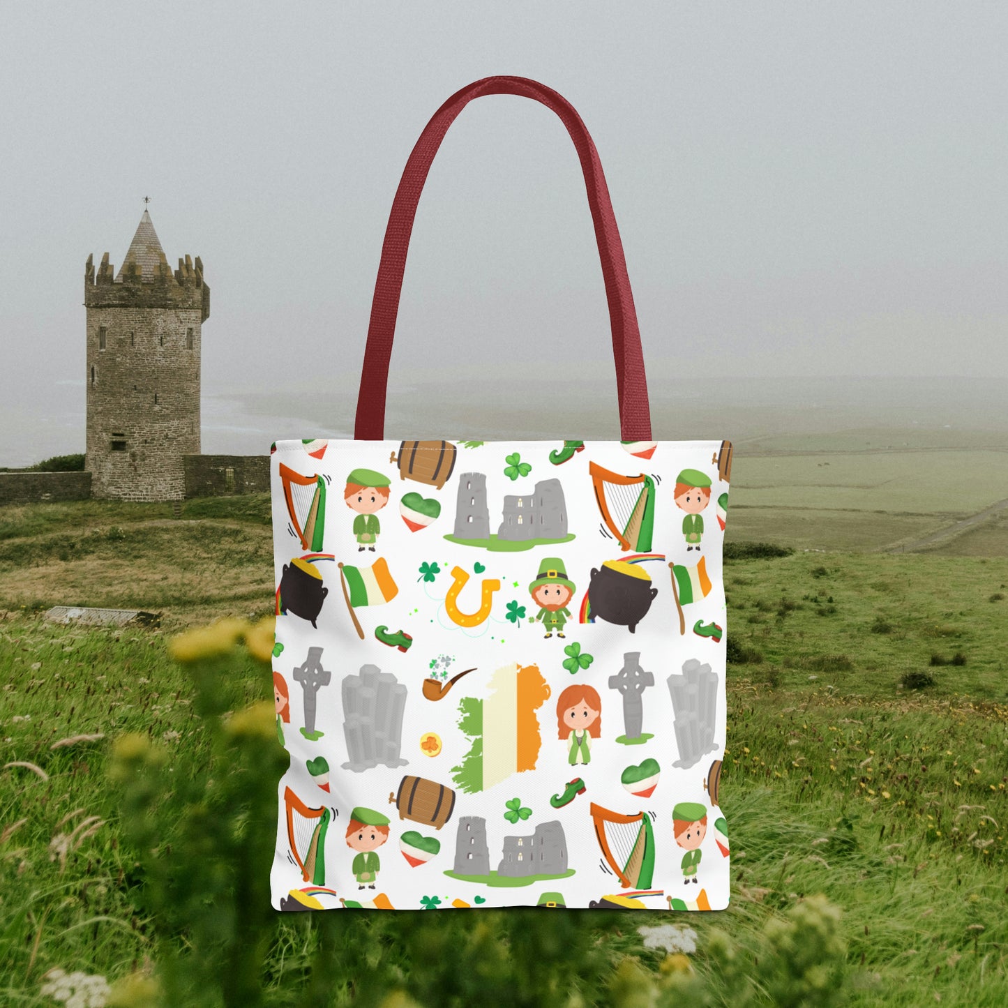 Lucky Charms of Ireland Tote Bag: Celtic Cross, Flag Heart, Clover & More! Embrace Irish Heritage with Style! AOP