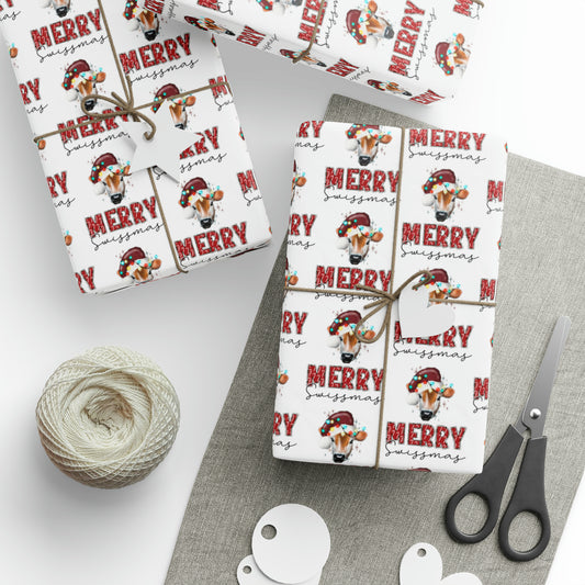 Festive Merry Swismass Wrapping Paper | Swiss Cow with Christmas Hat & Lights