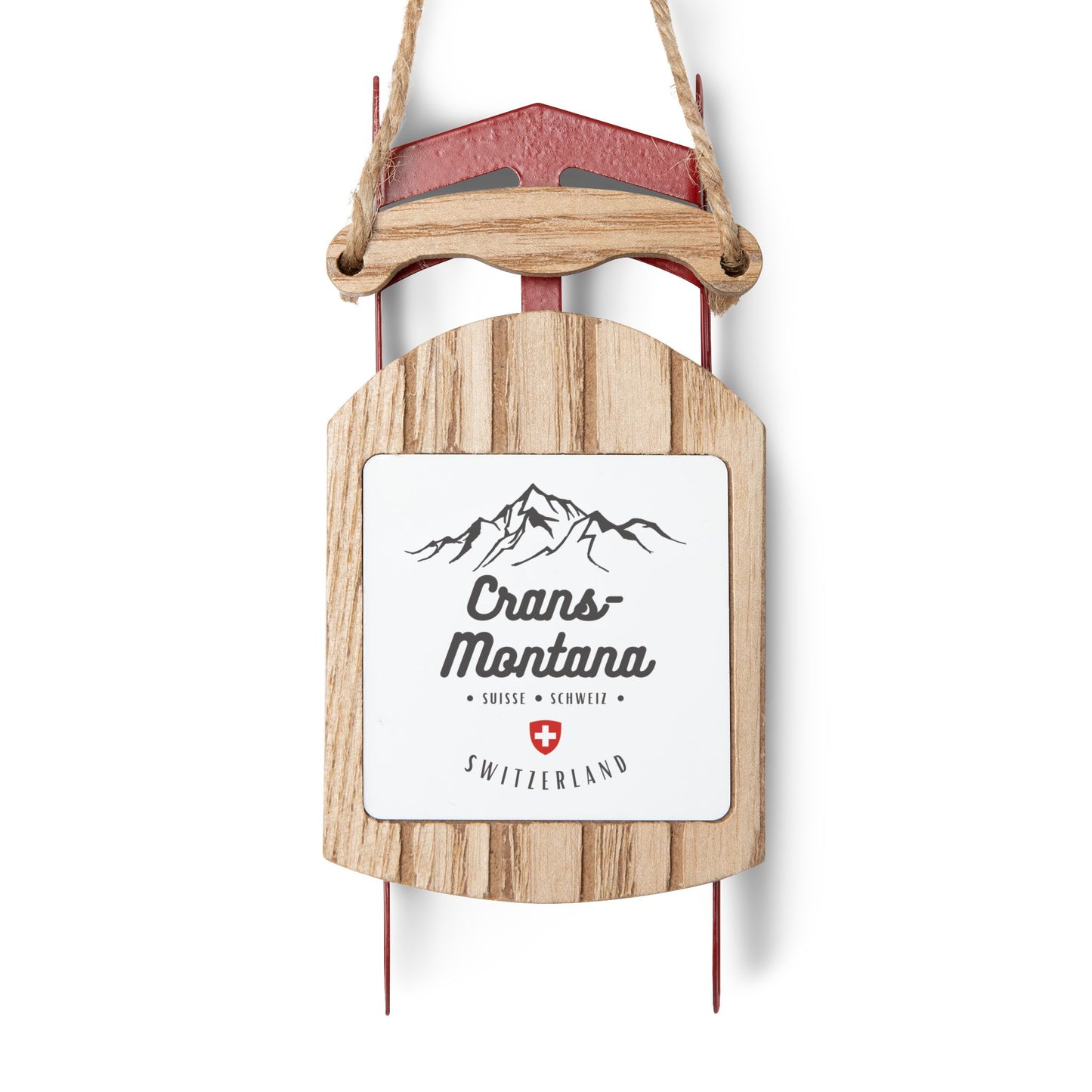 Crans-Montana Switzerland sled ornament with mountain design and Swiss cross for Christmas tree décor
