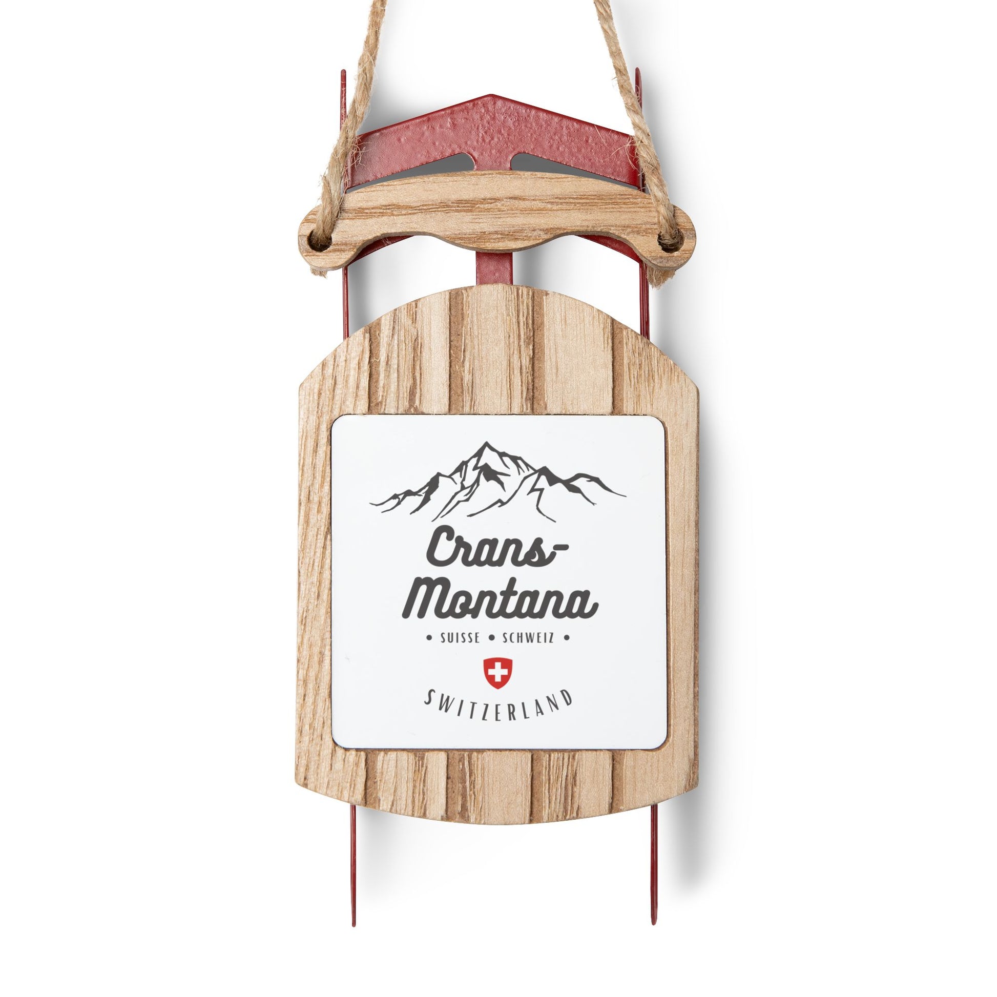 Crans-Montana Switzerland sled ornament with mountain design and Swiss cross for Christmas tree décor