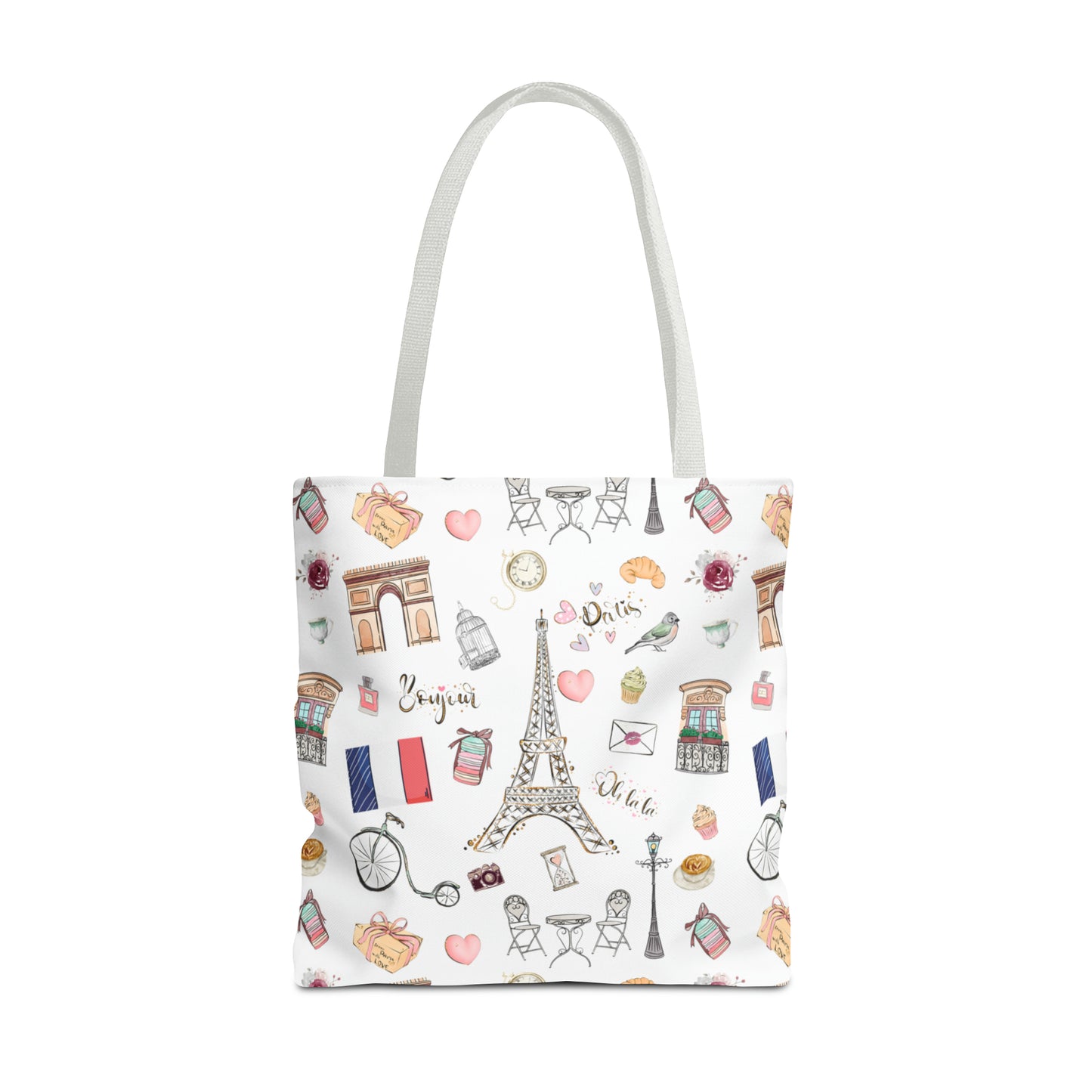France Travel Adventures  | Chic Parisian Tote Bag: Eiffel Tower, Bistros, Macaroons & More! Perfect for Stylish Travelers! AOP