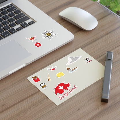 Complete Swiss icons sticker bundle sheet with 12 Alpine symbols including cowbell, fondue pot, and Swiss Army knife