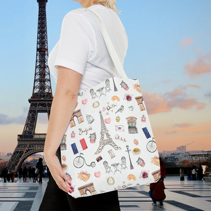 France Travel Adventures  | Chic Parisian Tote Bag: Eiffel Tower, Bistros, Macaroons & More! Perfect for Stylish Travelers! AOP