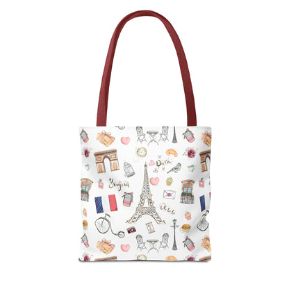 France Travel Adventures  | Chic Parisian Tote Bag: Eiffel Tower, Bistros, Macaroons & More! Perfect for Stylish Travelers! AOP