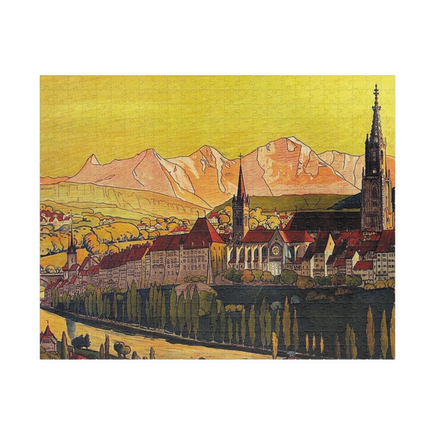 Completed Bern old town jigsaw puzzle showing UNESCO heritage medieval streets and Alpine scenery