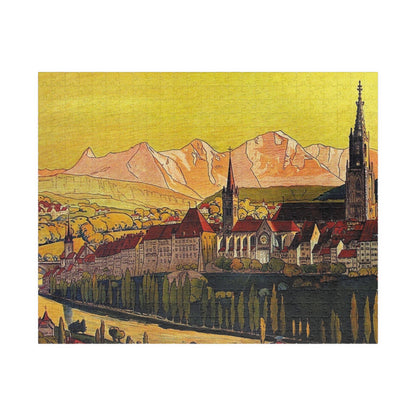 Completed Bern old town jigsaw puzzle showing UNESCO heritage medieval streets and Alpine scenery