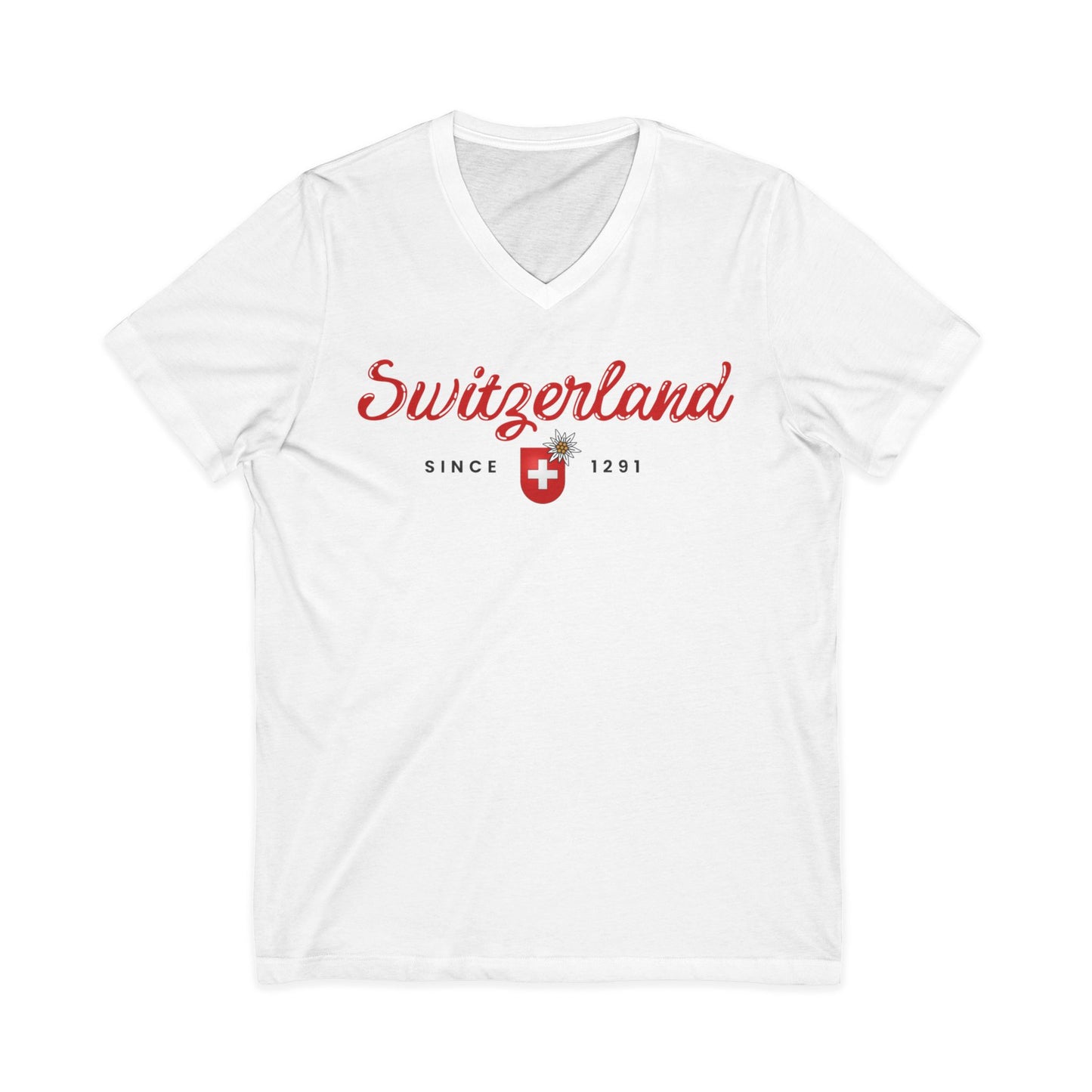 Switzerland Script V‑Neck Tee — Retro Swiss Crest 'Since 1291' Travel T‑Shirt