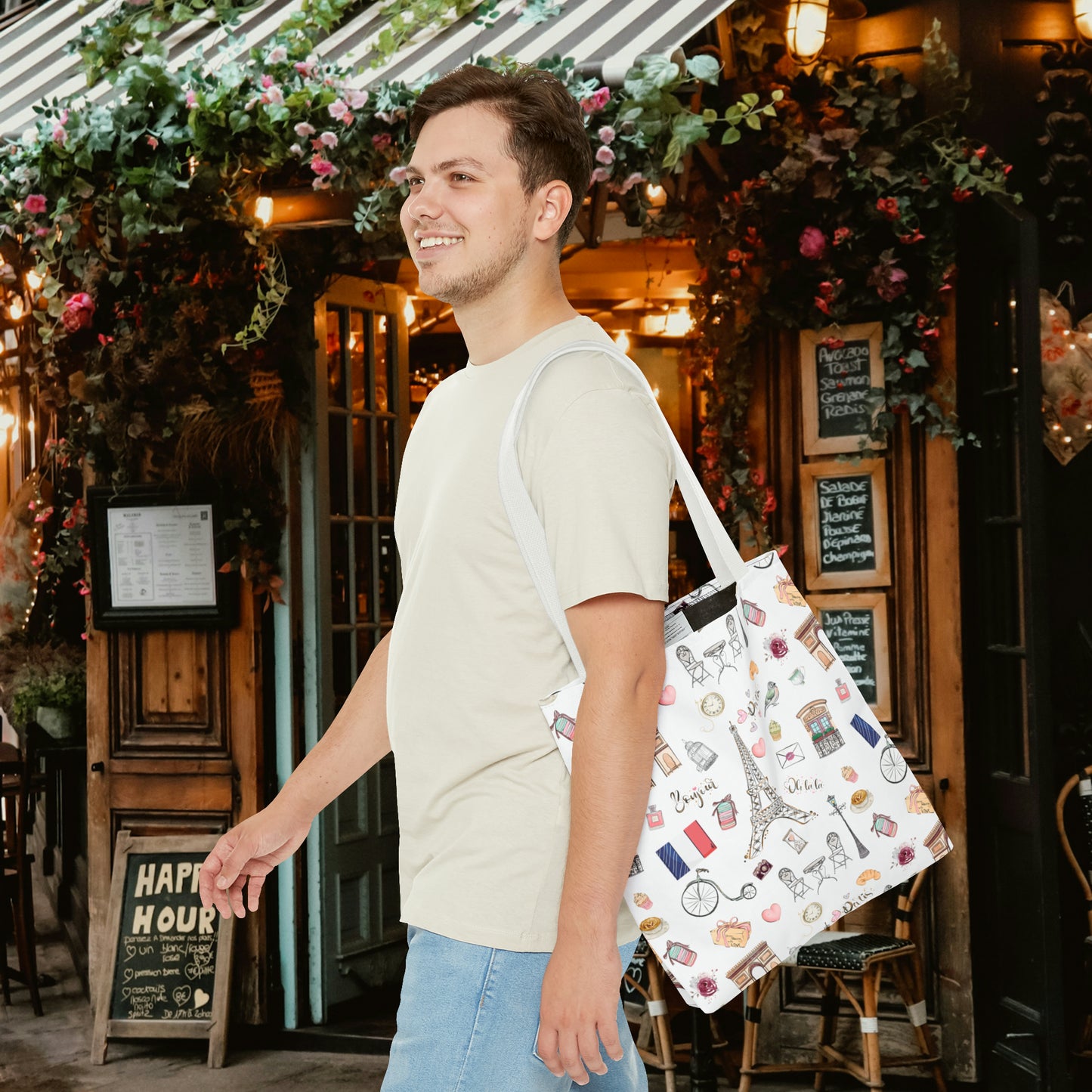France Travel Adventures  | Chic Parisian Tote Bag: Eiffel Tower, Bistros, Macaroons & More! Perfect for Stylish Travelers! AOP