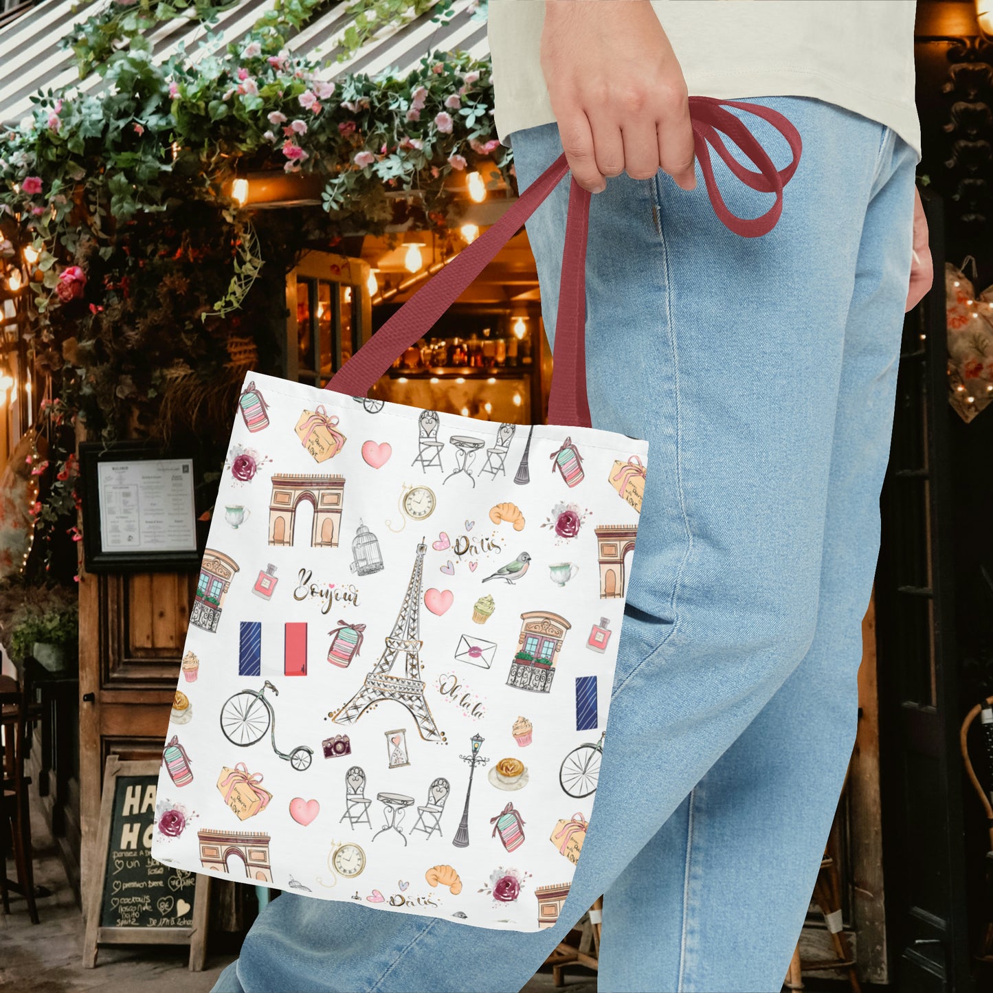 France Travel Adventures  | Chic Parisian Tote Bag: Eiffel Tower, Bistros, Macaroons & More! Perfect for Stylish Travelers! AOP