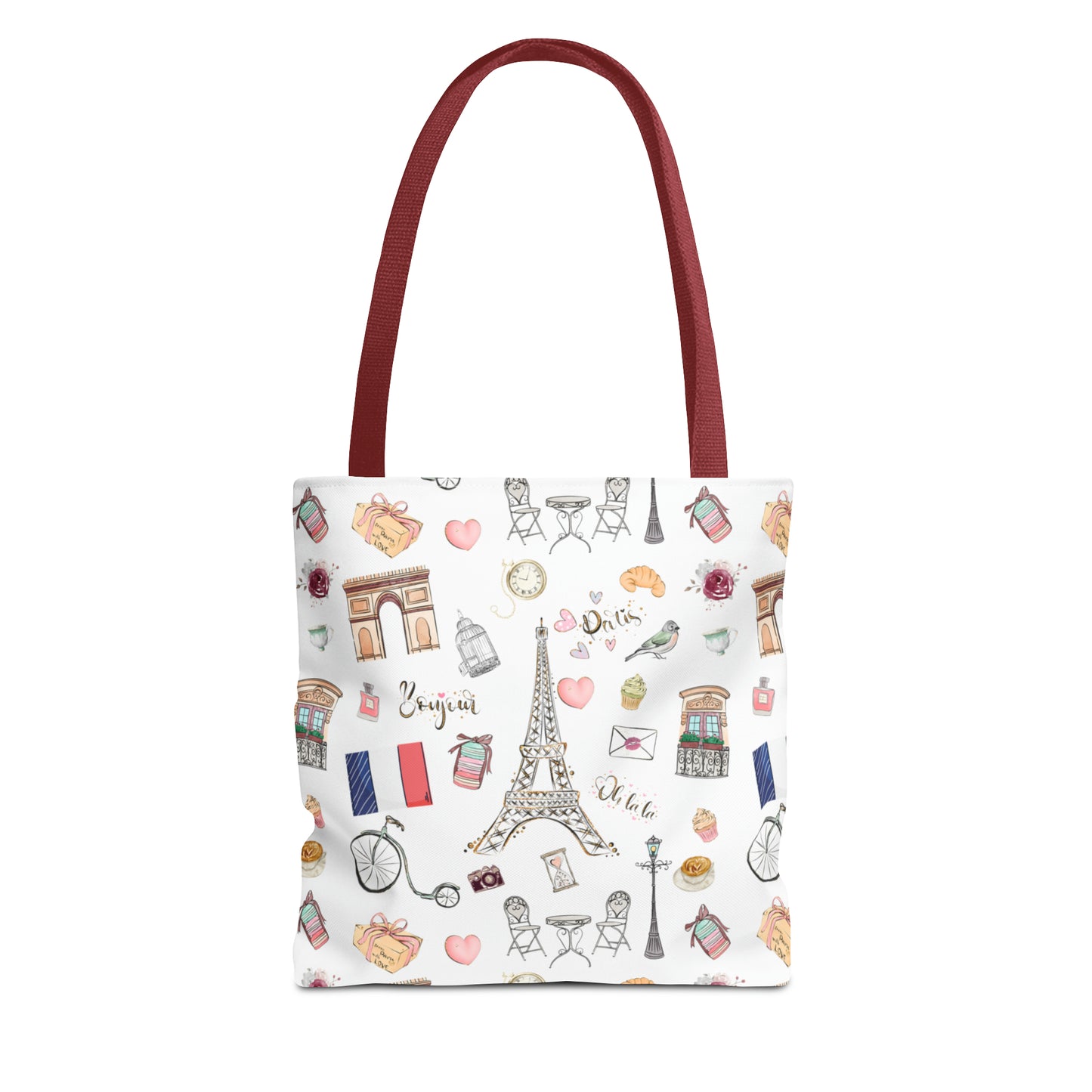 France Travel Adventures  | Chic Parisian Tote Bag: Eiffel Tower, Bistros, Macaroons & More! Perfect for Stylish Travelers! AOP