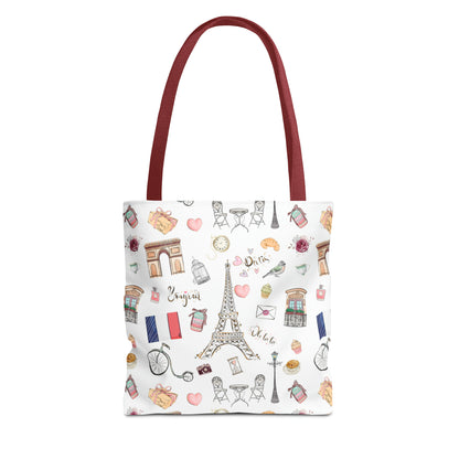 France Travel Adventures  | Chic Parisian Tote Bag: Eiffel Tower, Bistros, Macaroons & More! Perfect for Stylish Travelers! AOP