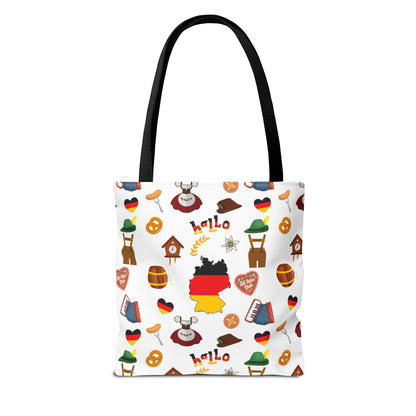Authentic German Charm Tote: Flag, Traditional Attire, Pretzels, Sausages & More! Ideal for Wanderlust Souls (AOP)