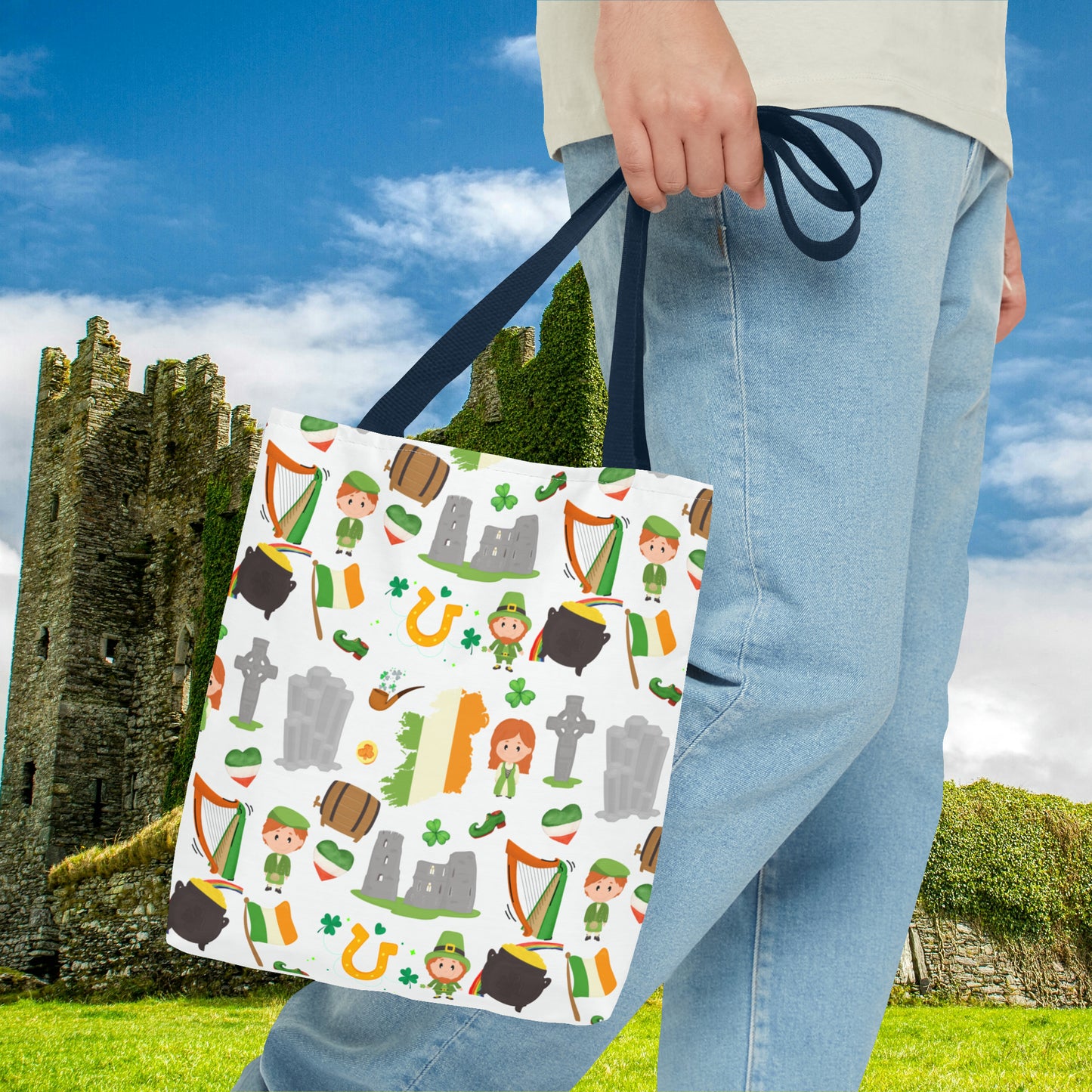 Lucky Charms of Ireland Tote Bag: Celtic Cross, Flag Heart, Clover & More! Embrace Irish Heritage with Style! AOP