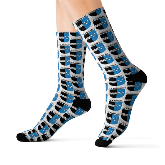A pair of sublimation socks showcasing the intricate Aargau coat of arms, a fusion of history and style in vibrant detail