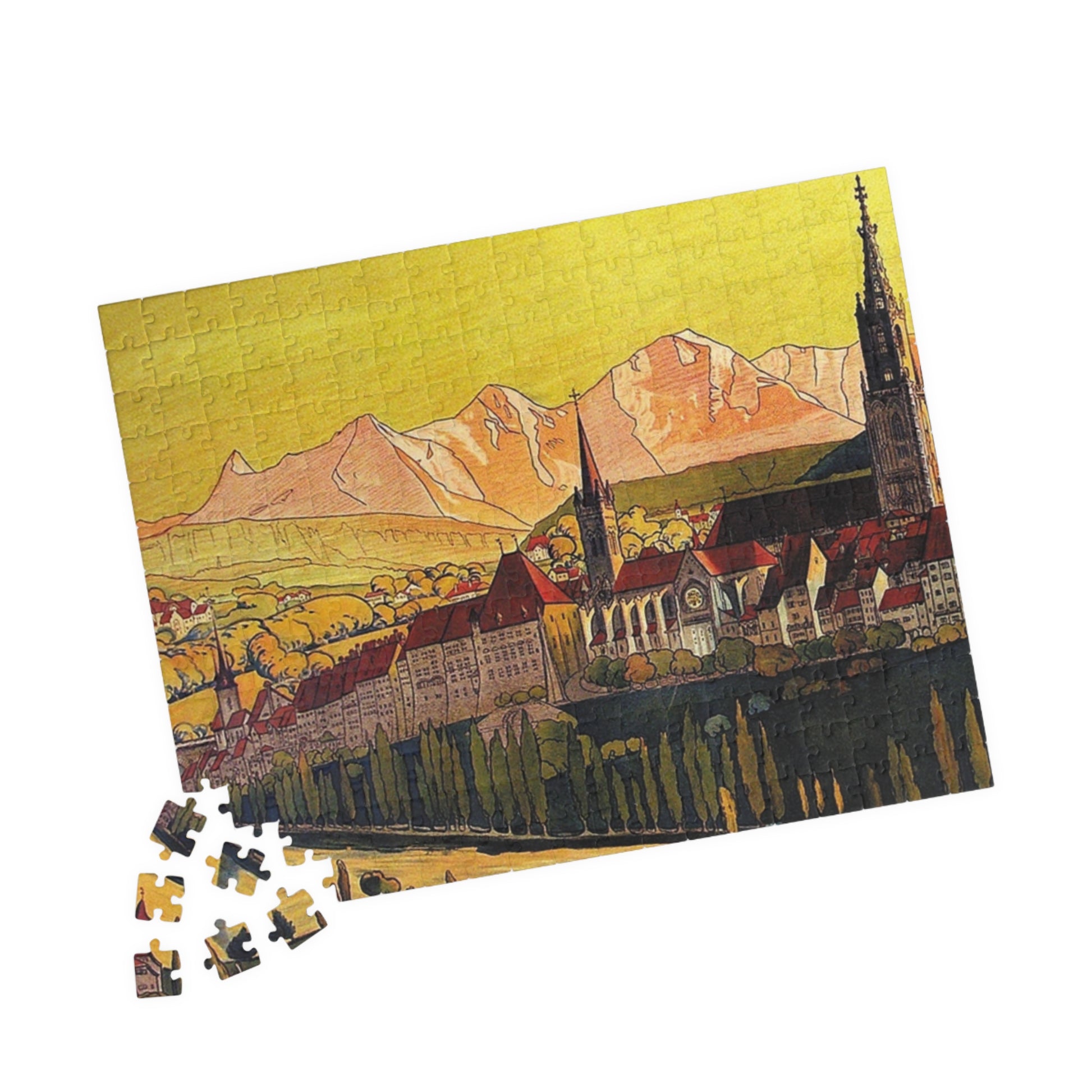 Premium chipboard puzzle pieces featuring Bern old town vintage artwork and Swiss heritage design
