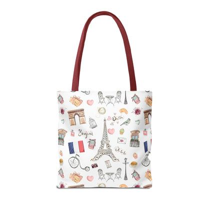 France Travel Adventures  | Chic Parisian Tote Bag: Eiffel Tower, Bistros, Macaroons & More! Perfect for Stylish Travelers! AOP