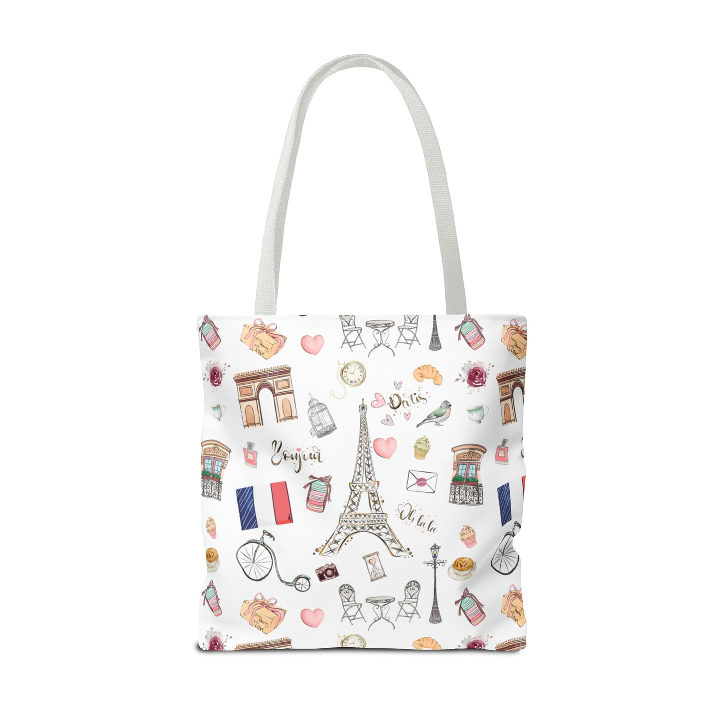 France Travel Adventures  | Chic Parisian Tote Bag: Eiffel Tower, Bistros, Macaroons & More! Perfect for Stylish Travelers! AOP
