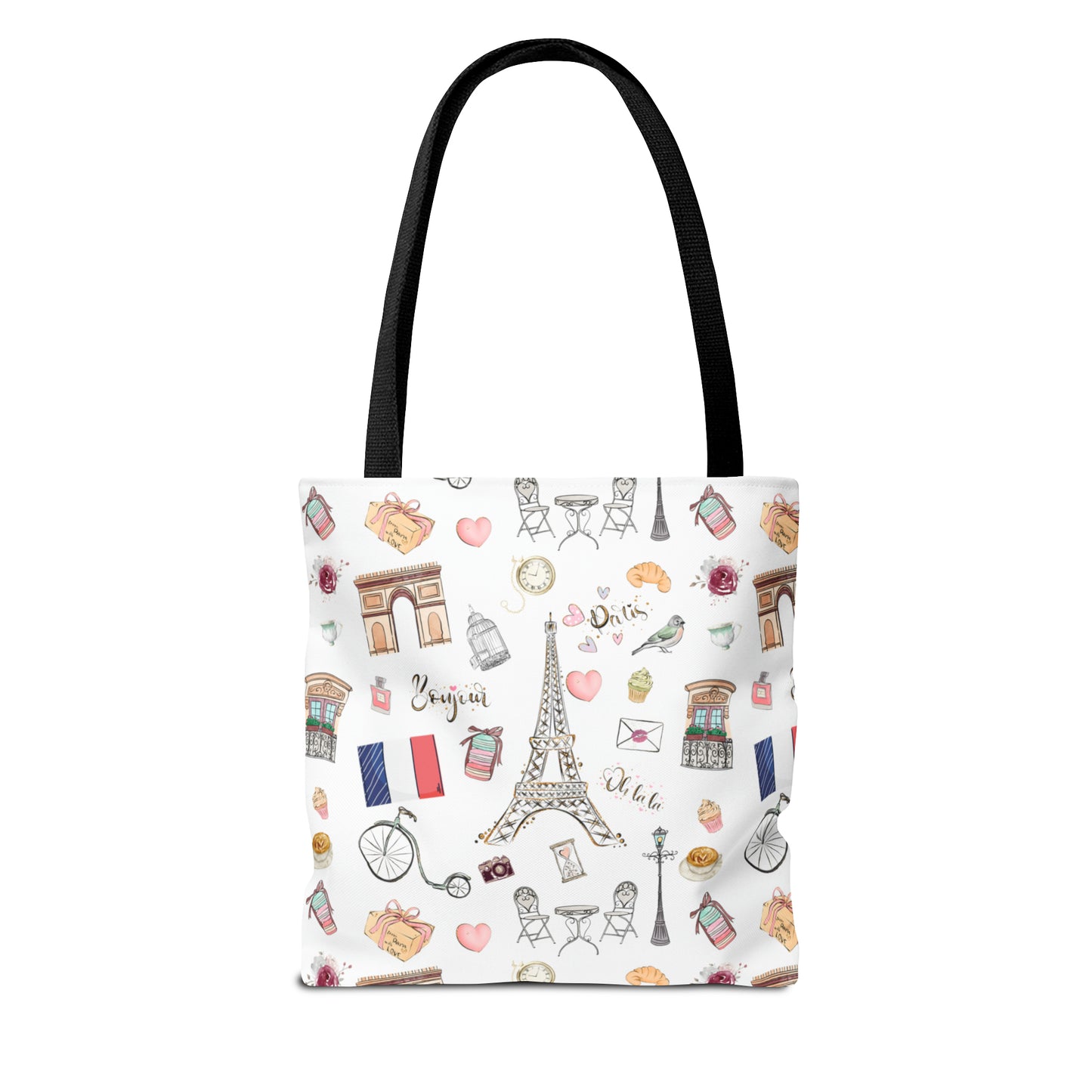 France Travel Adventures  | Chic Parisian Tote Bag: Eiffel Tower, Bistros, Macaroons & More! Perfect for Stylish Travelers! AOP