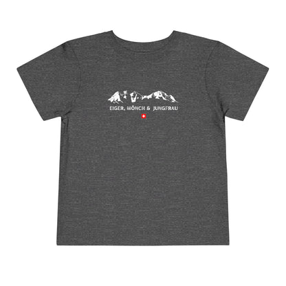 Close-up of Switzerland mountain silhouette on toddler adventure shirt.